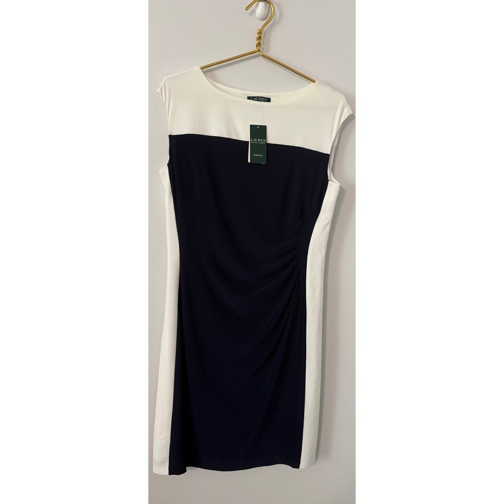 Lauren Ralph Lauren Navy White Colorblock Ruched Sheath Dress 14 Essentials